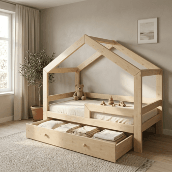 Montessori Hausbett aus Naturholz mit Rausfallschutz und großer Schublade im Kinderzimmer