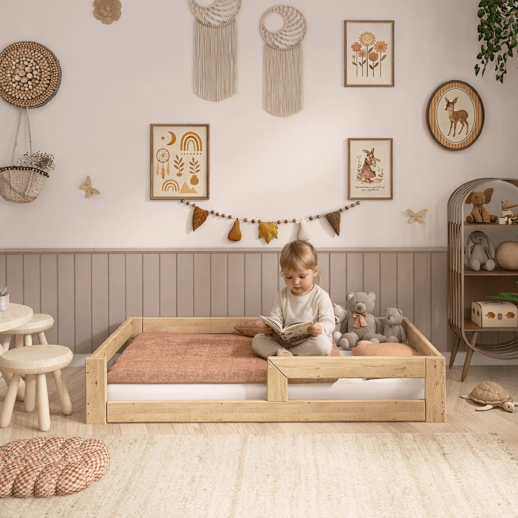 Montessori Bodenbett aus Holz mit Rausfallschutz